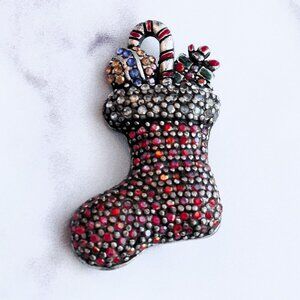 Lia Sophia Pave Crystal CHRISTMAS BROOCH Stocking w Candy + Gifts